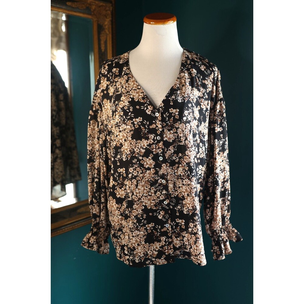 Voy Dark Ditsy Floral Button Down Sheer Peasant Blouse Ruffle Sleeve Whimsigoth